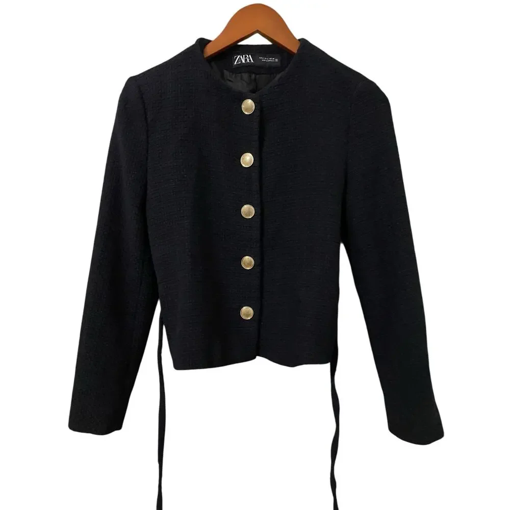 Zara Structured Blazer Lady Jacket Small Black Belted Gold Buttons Preppy Trendy - Picture 8 of 16